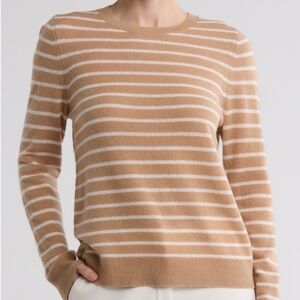 Nordstrom cashmere Tan and White Striped Crew Neck Sweater